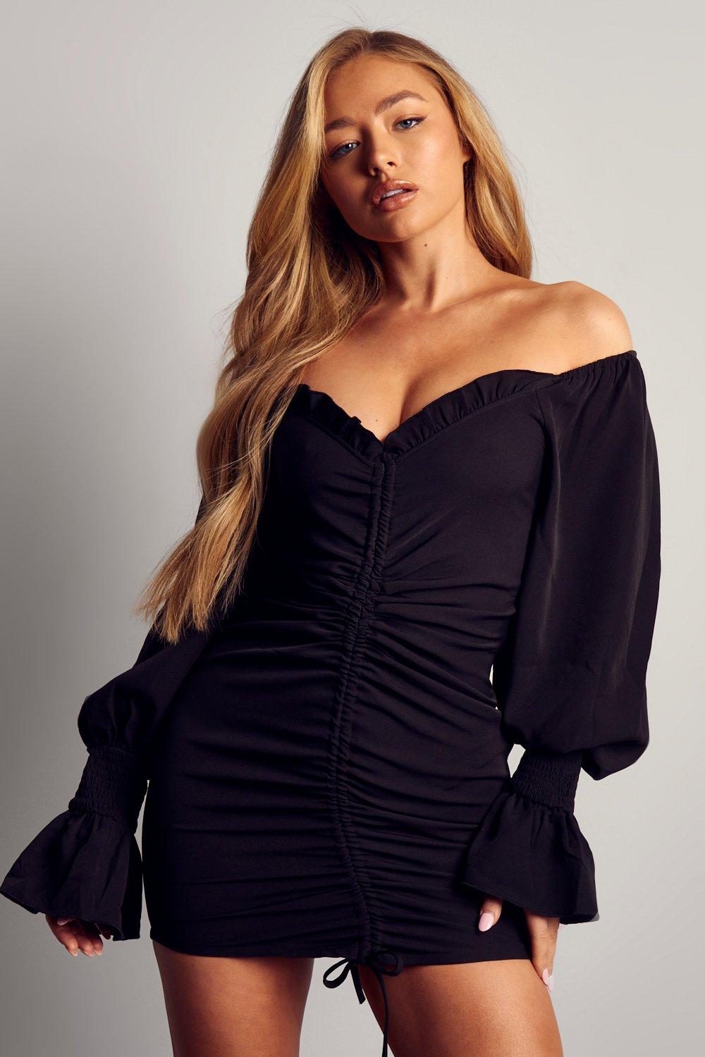 Off the Shoulder Puff Sleeve Ruched ...